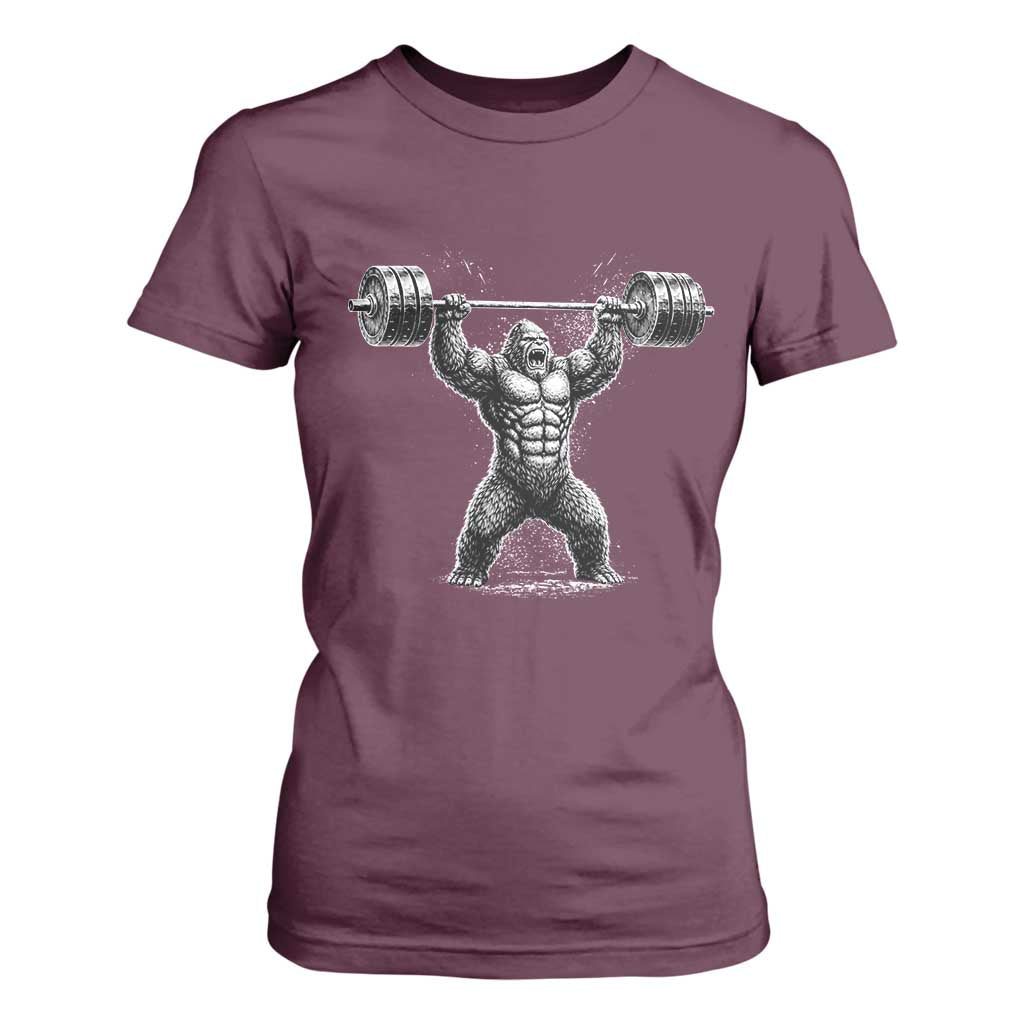Funny Gym Bigfoot T Shirt For Women Weightlifting Workout TS10 Maroon Print Your Wear