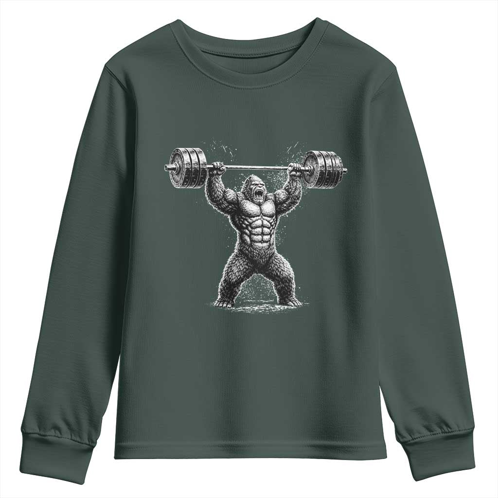 Funny Gym Bigfoot Youth Sweatshirt Weightlifting Workout TS10 Dark Forest Green Print Your Wear