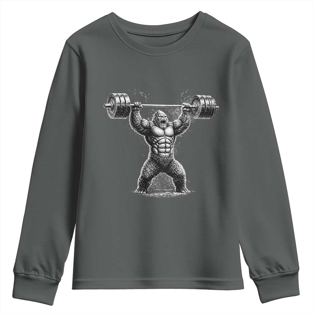 Funny Gym Bigfoot Youth Sweatshirt Weightlifting Workout TS10 Dark Heather Print Your Wear