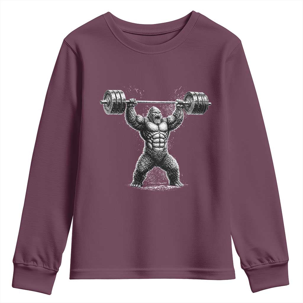 Funny Gym Bigfoot Youth Sweatshirt Weightlifting Workout TS10 Maroon Print Your Wear