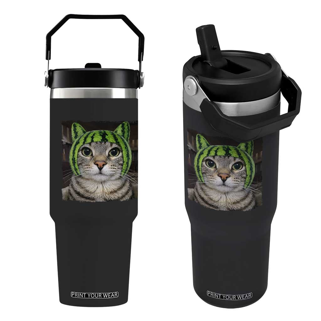 Watermelon Cat Silly Cat Meme Flip Straw Tumbler TS10 One Size: 30 oz Black Print Your Wear