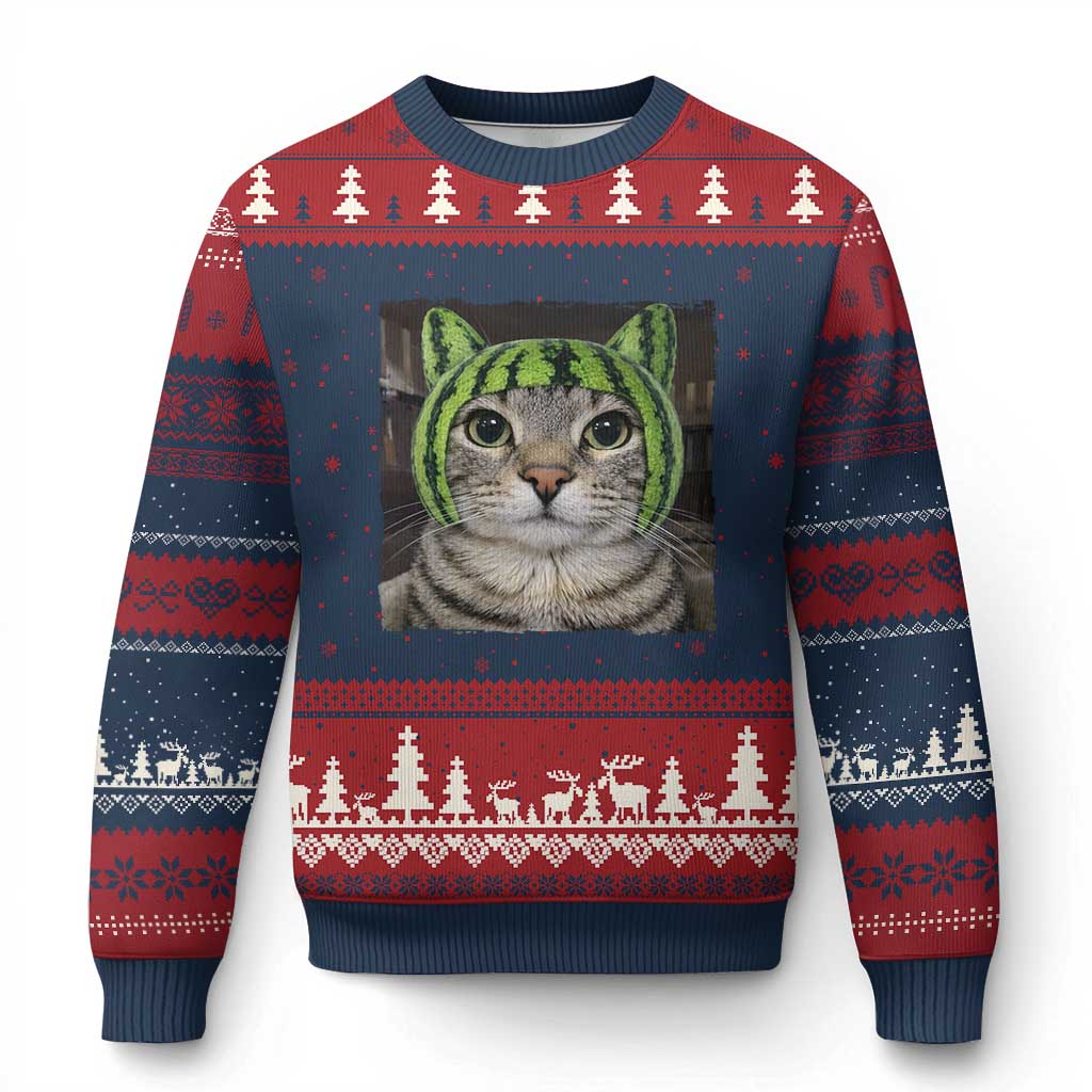 Watermelon Cat Silly Cat Meme Ugly Christmas Sweater TS10 Navy Red Print Your Wear