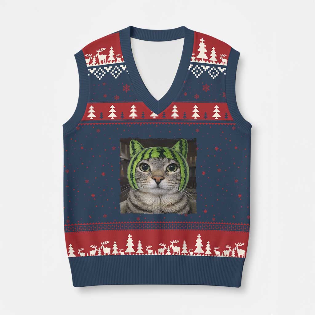 Watermelon Cat Silly Cat Meme V-Neck Knit Sweater Vest TS10 Navy Red Print Your Wear