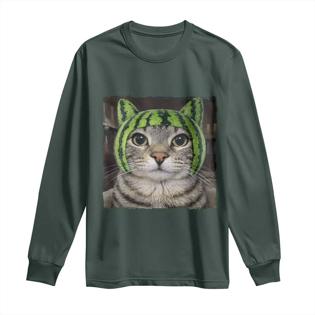 Watermelon Cat Silly Cat Meme Long Sleeve Shirt TS10 Dark Forest Green Print Your Wear