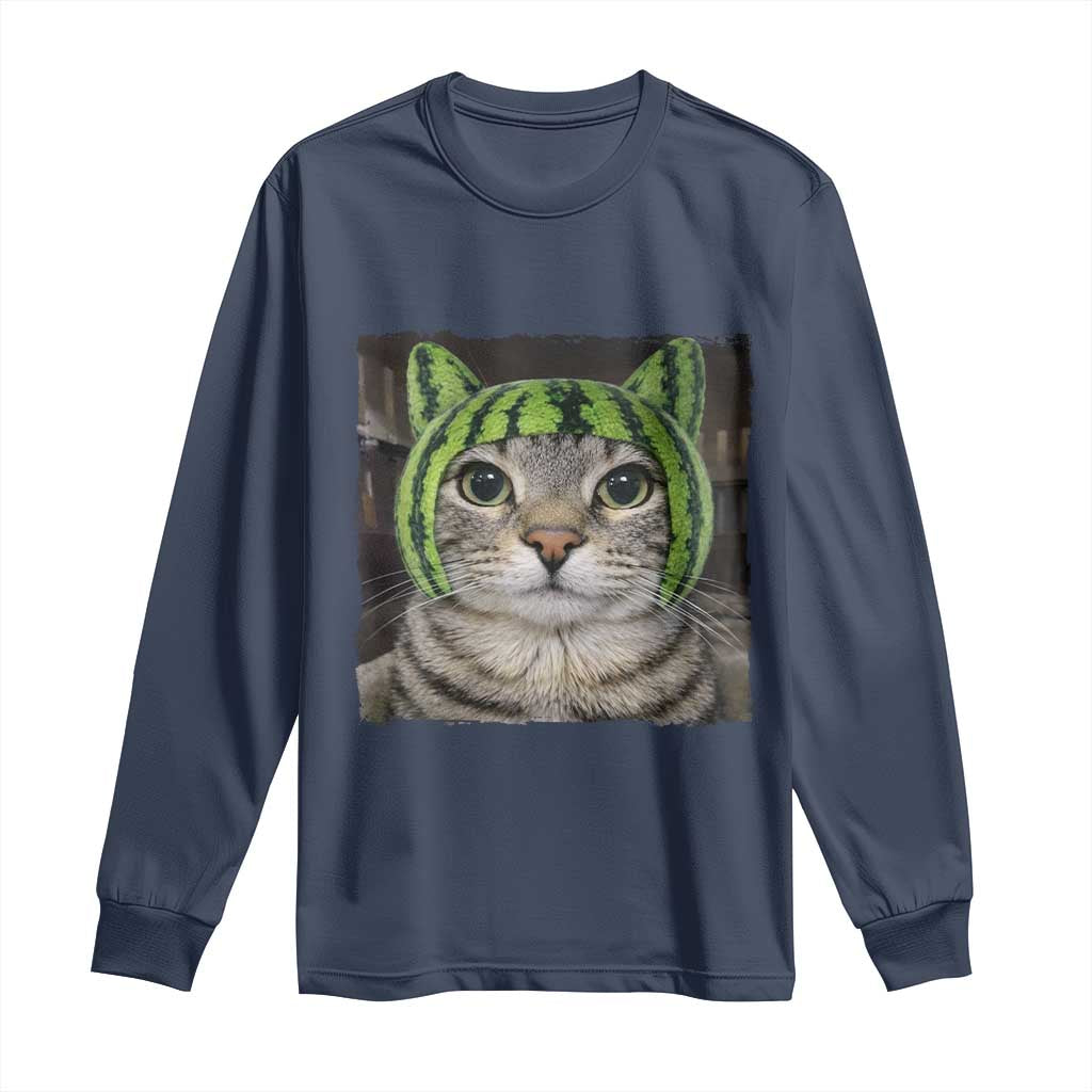 Watermelon Cat Silly Cat Meme Long Sleeve Shirt TS10 Navy Print Your Wear