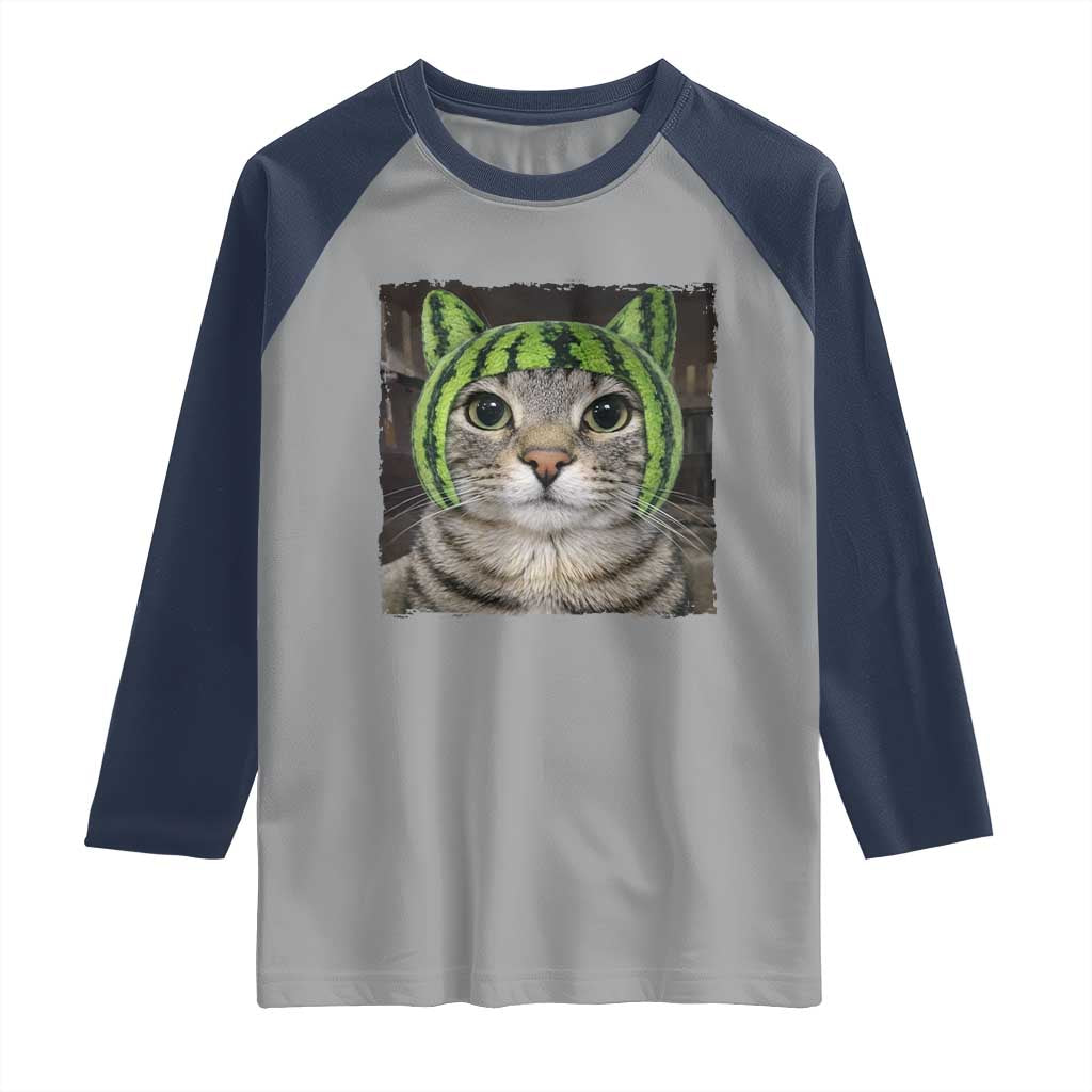 Watermelon Cat Silly Cat Meme Raglan Shirt TS10 Sport Gray Navy Print Your Wear