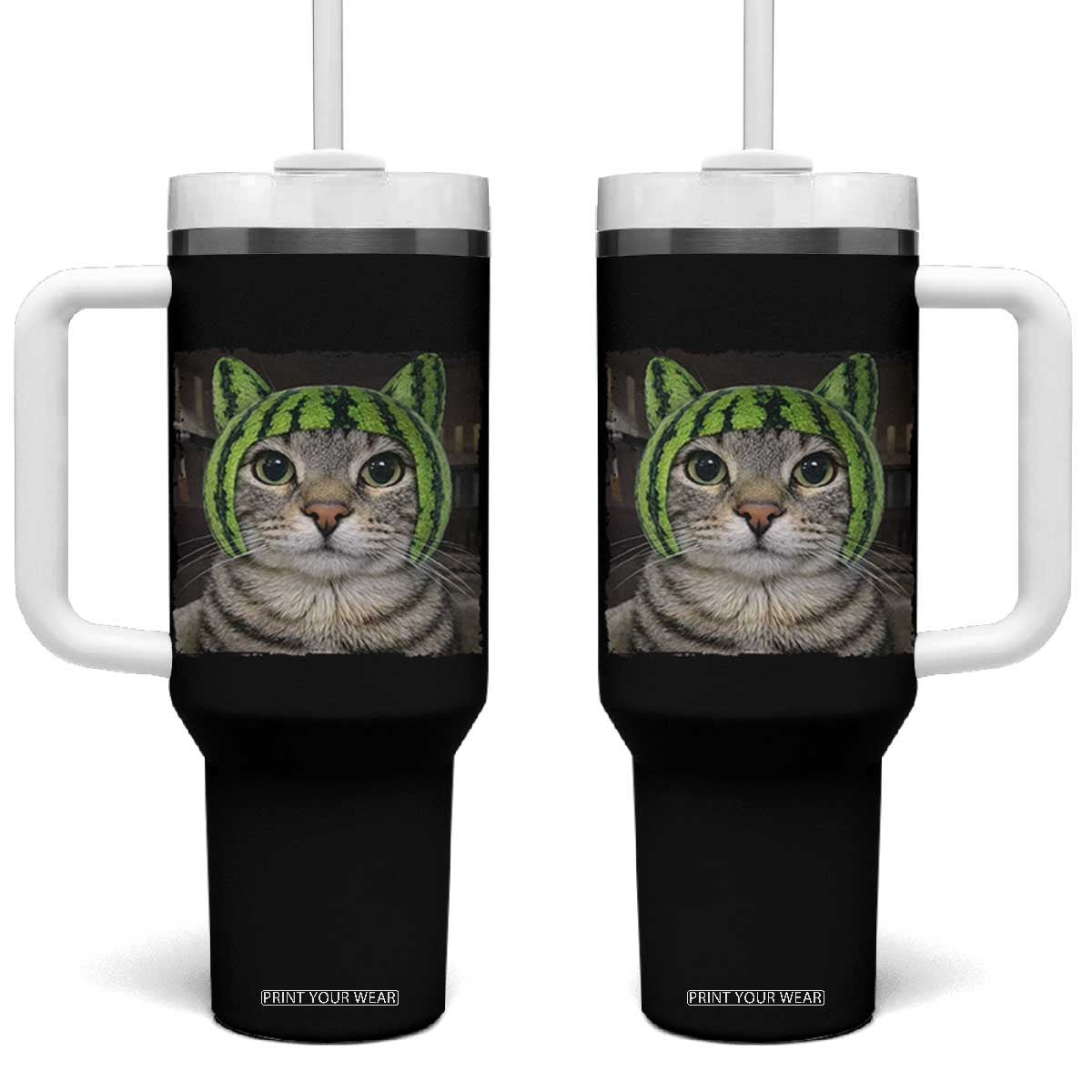 Watermelon Cat Silly Cat Meme Tumbler With Handle TS10 One Size: 40 oz Black Print Your Wear