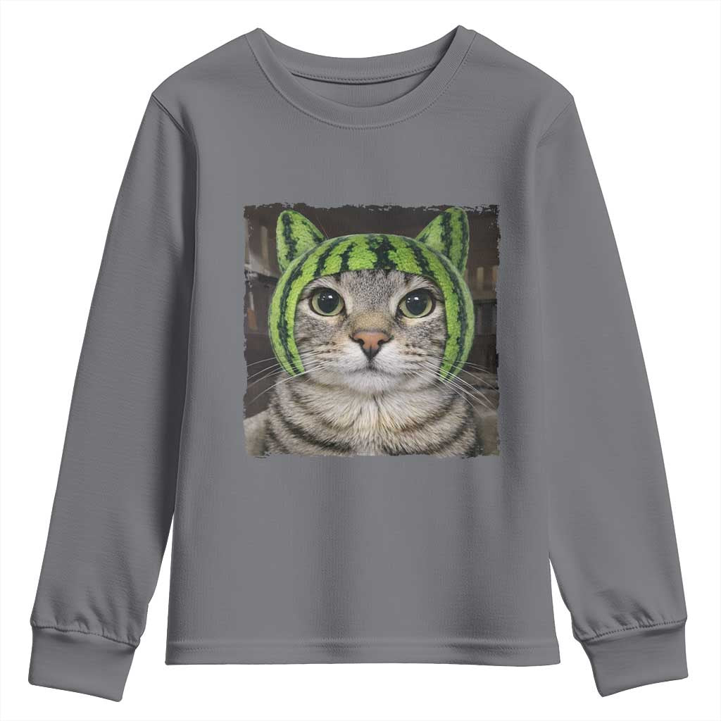 Watermelon Cat Silly Cat Meme Youth Sweatshirt TS10 Charcoal Print Your Wear