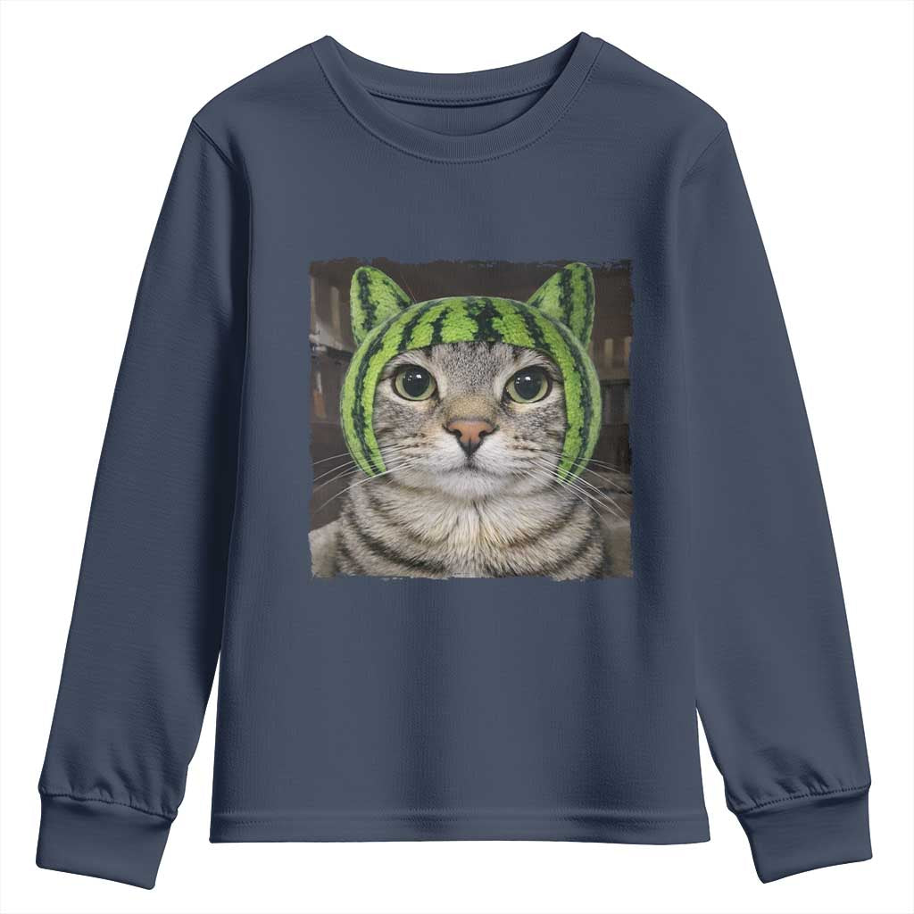 Watermelon Cat Silly Cat Meme Youth Sweatshirt TS10 Navy Print Your Wear