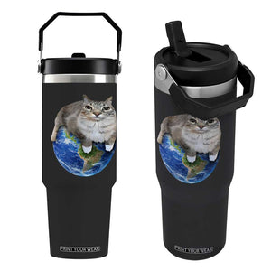 Earth Cat Silly Cat Meme Flip Straw Tumbler TS10 One Size: 30 oz Black Print Your Wear