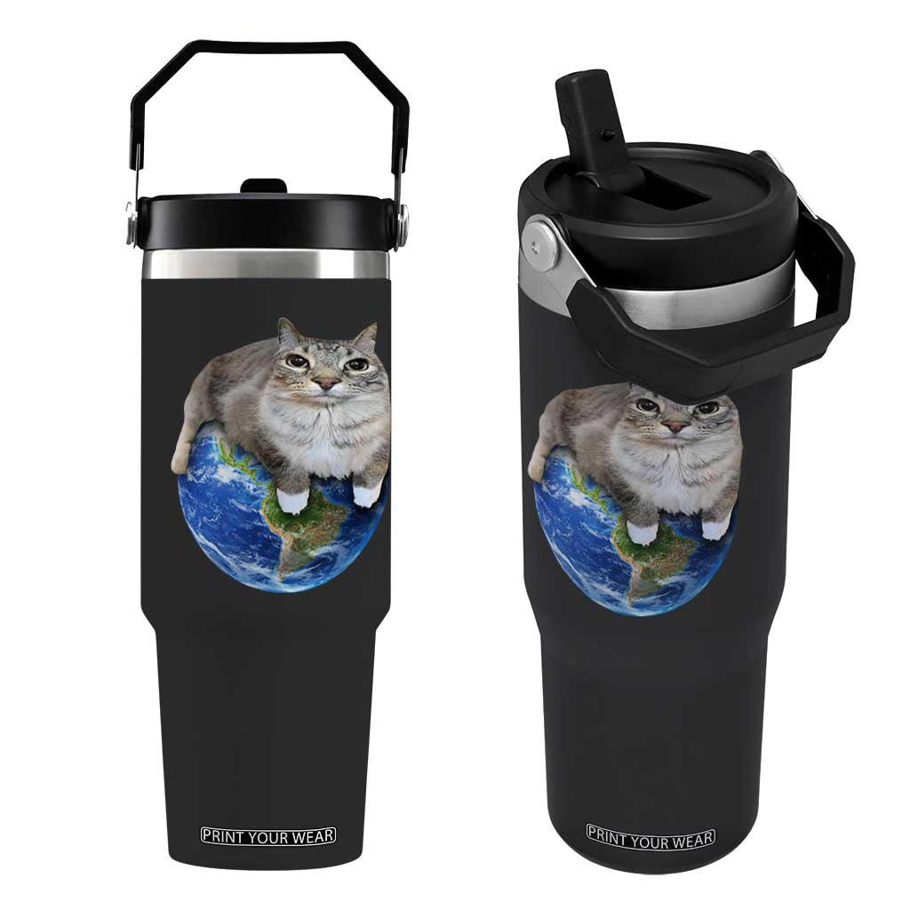 Earth Cat Silly Cat Meme Flip Straw Tumbler TS10 One Size: 30 oz Black Print Your Wear