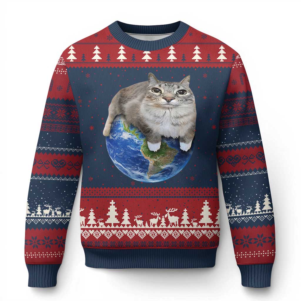 Earth Cat Silly Cat Meme Ugly Christmas Sweater TS10 Navy Red Print Your Wear