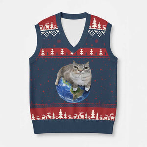 Earth Cat Silly Cat Meme V-Neck Knit Sweater Vest TS10 Navy Red Print Your Wear