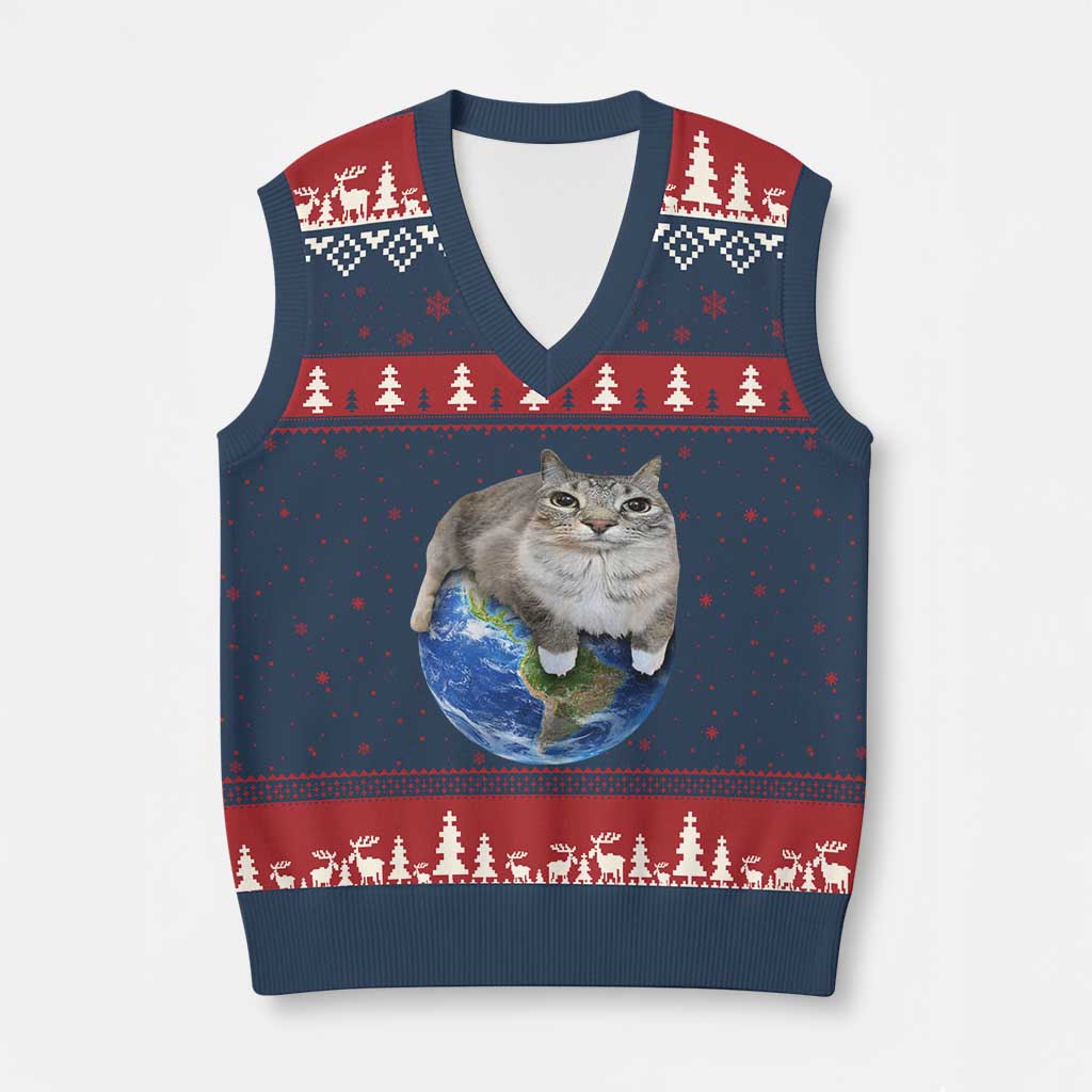 Earth Cat Silly Cat Meme V-Neck Knit Sweater Vest TS10 Navy Red Print Your Wear