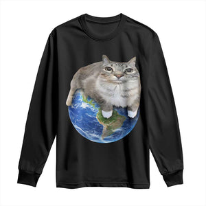 Earth Cat Silly Cat Meme Long Sleeve Shirt TS10 Black Print Your Wear