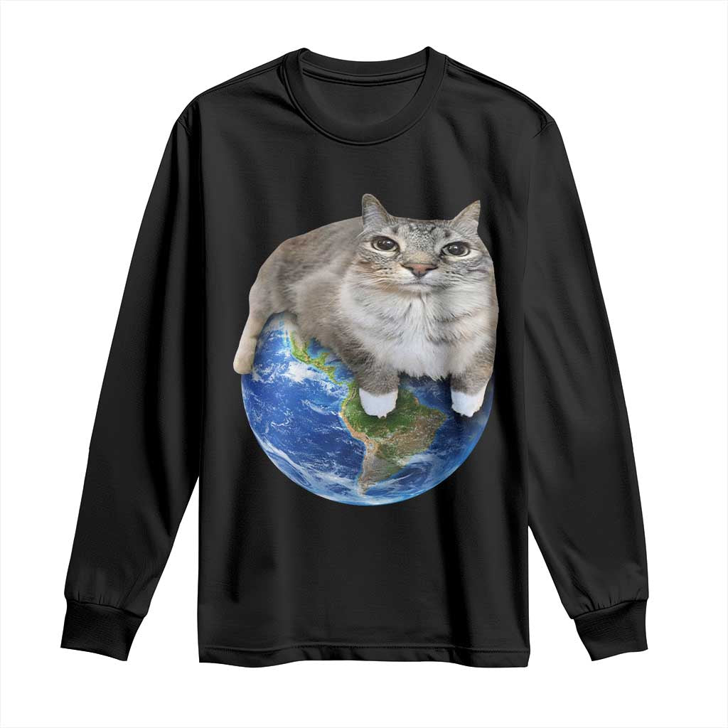 Earth Cat Silly Cat Meme Long Sleeve Shirt TS10 Black Print Your Wear