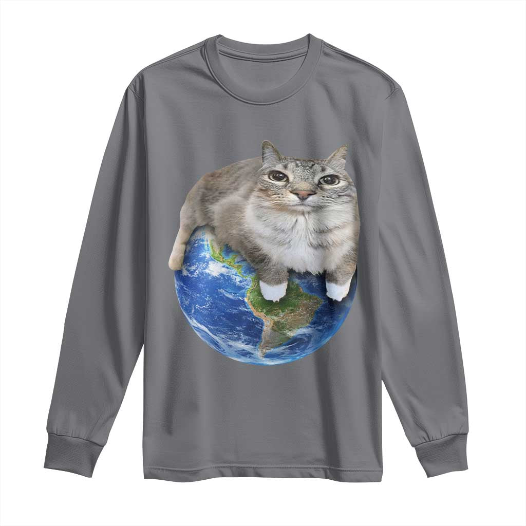 Earth Cat Silly Cat Meme Long Sleeve Shirt TS10 Charcoal Print Your Wear