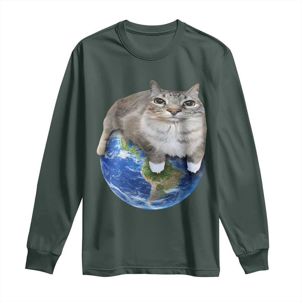 Earth Cat Silly Cat Meme Long Sleeve Shirt TS10 Dark Forest Green Print Your Wear