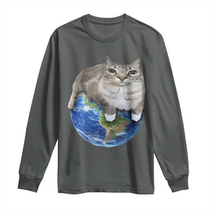 Earth Cat Silly Cat Meme Long Sleeve Shirt TS10 Dark Heather Print Your Wear