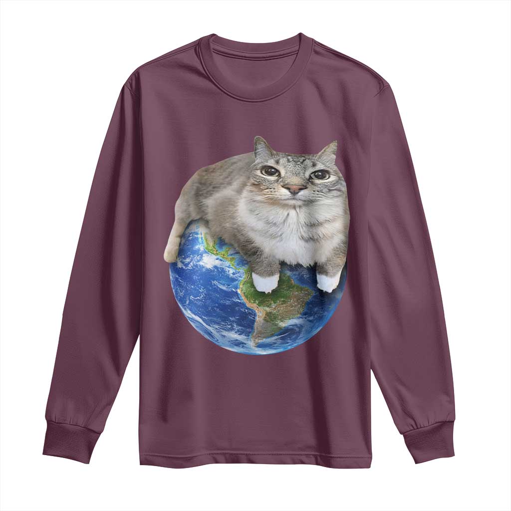 Earth Cat Silly Cat Meme Long Sleeve Shirt TS10 Maroon Print Your Wear