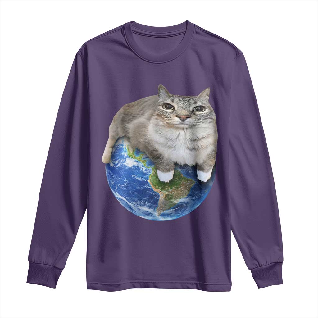 Earth Cat Silly Cat Meme Long Sleeve Shirt TS10 Purple Print Your Wear