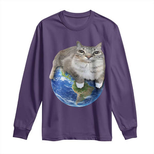 Earth Cat Silly Cat Meme Long Sleeve Shirt TS10 Purple Print Your Wear