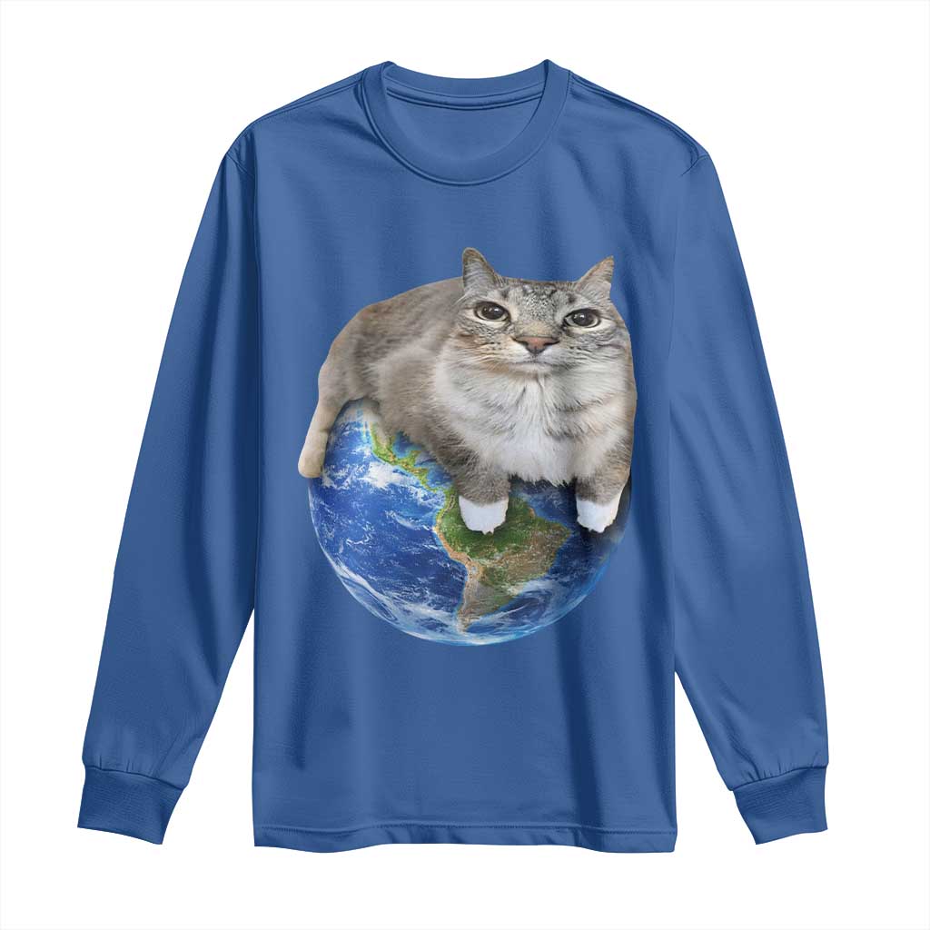 Earth Cat Silly Cat Meme Long Sleeve Shirt TS10 Royal Blue Print Your Wear