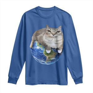 Earth Cat Silly Cat Meme Long Sleeve Shirt TS10 Royal Blue Print Your Wear