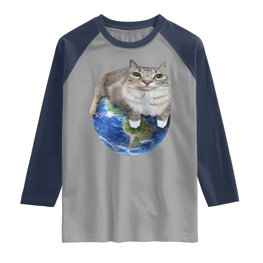 Earth Cat Silly Cat Meme Raglan Shirt TS10 Sport Gray Navy Print Your Wear