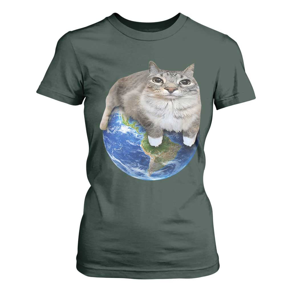 Earth Cat Silly Cat Meme T Shirt For Women TS10 Dark Forest Green Print Your Wear