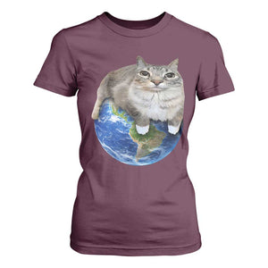 Earth Cat Silly Cat Meme T Shirt For Women TS10 Maroon Print Your Wear