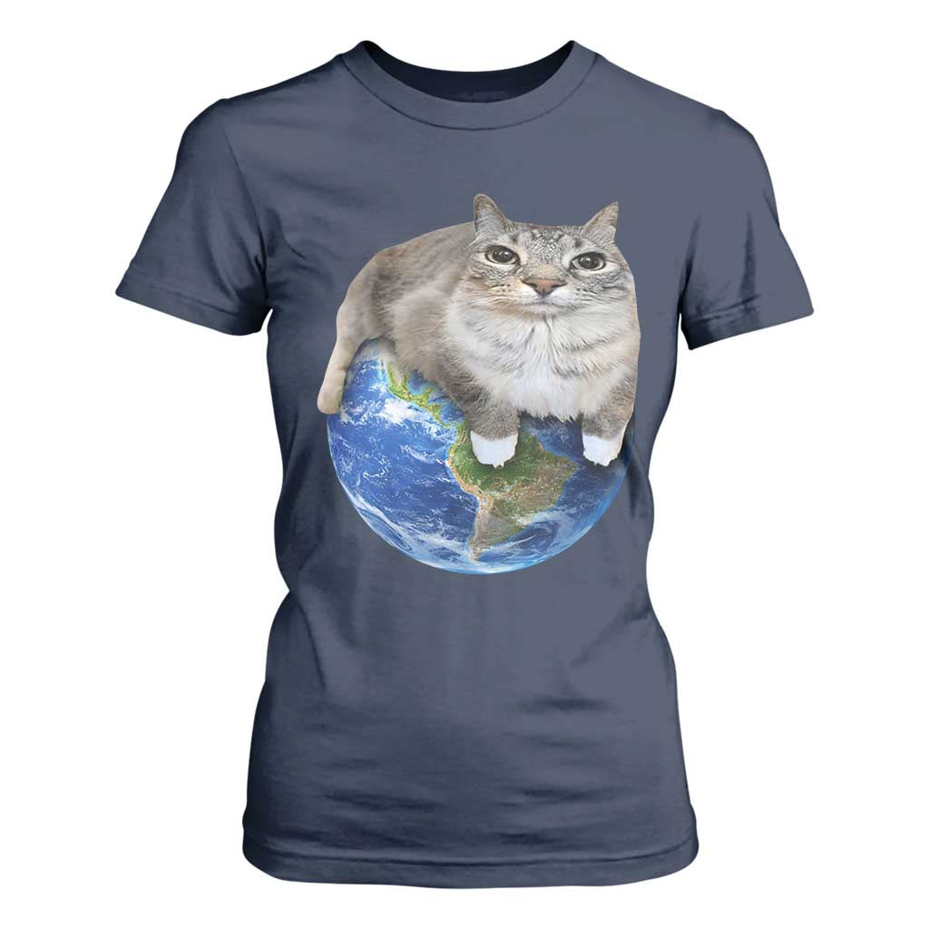 Earth Cat Silly Cat Meme T Shirt For Women TS10 Navy Print Your Wear
