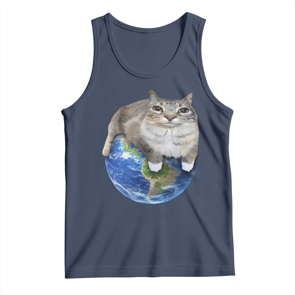 Earth Cat Silly Cat Meme Tank Top TS10 Navy Print Your Wear