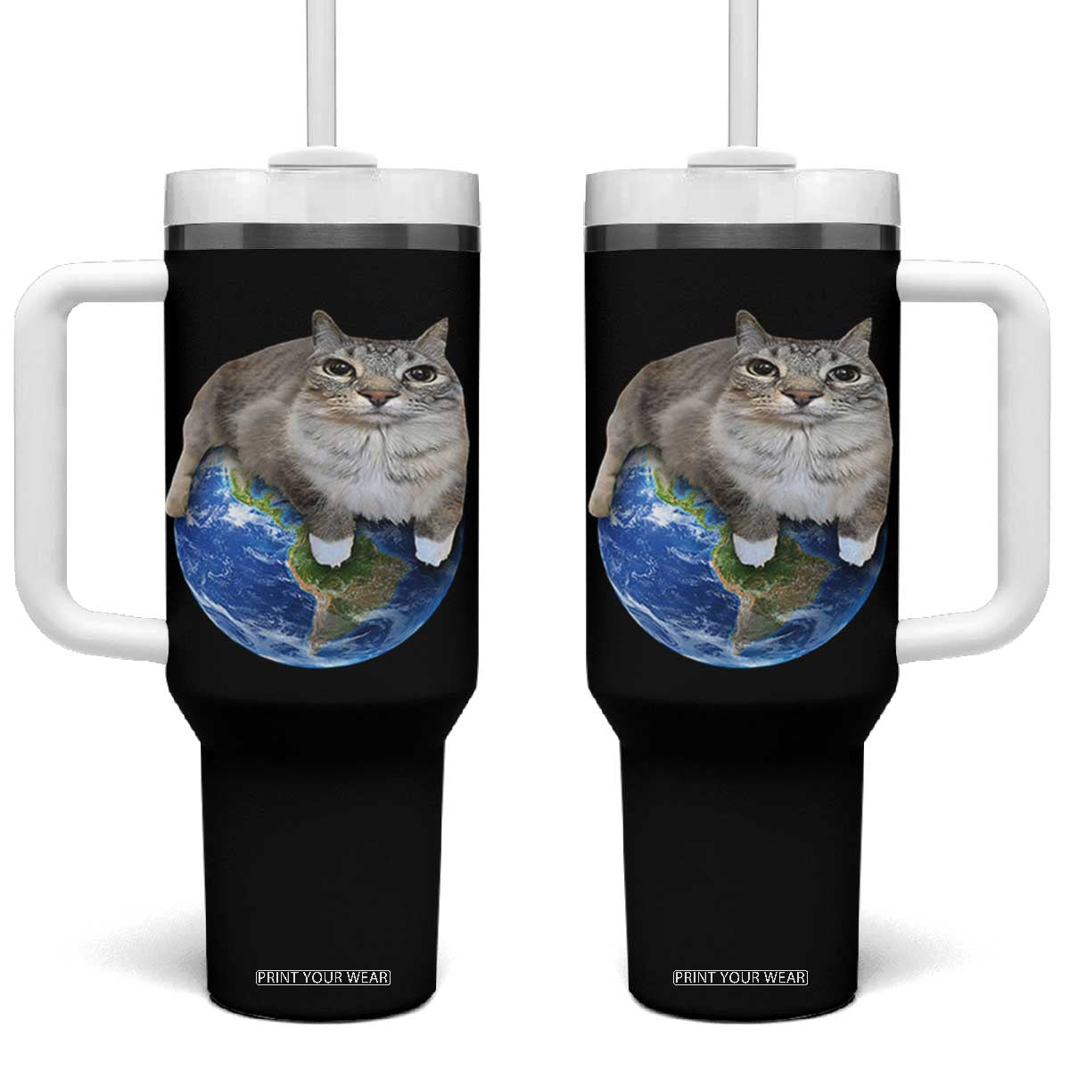 Earth Cat Silly Cat Meme Tumbler With Handle TS10 One Size: 40 oz Black Print Your Wear