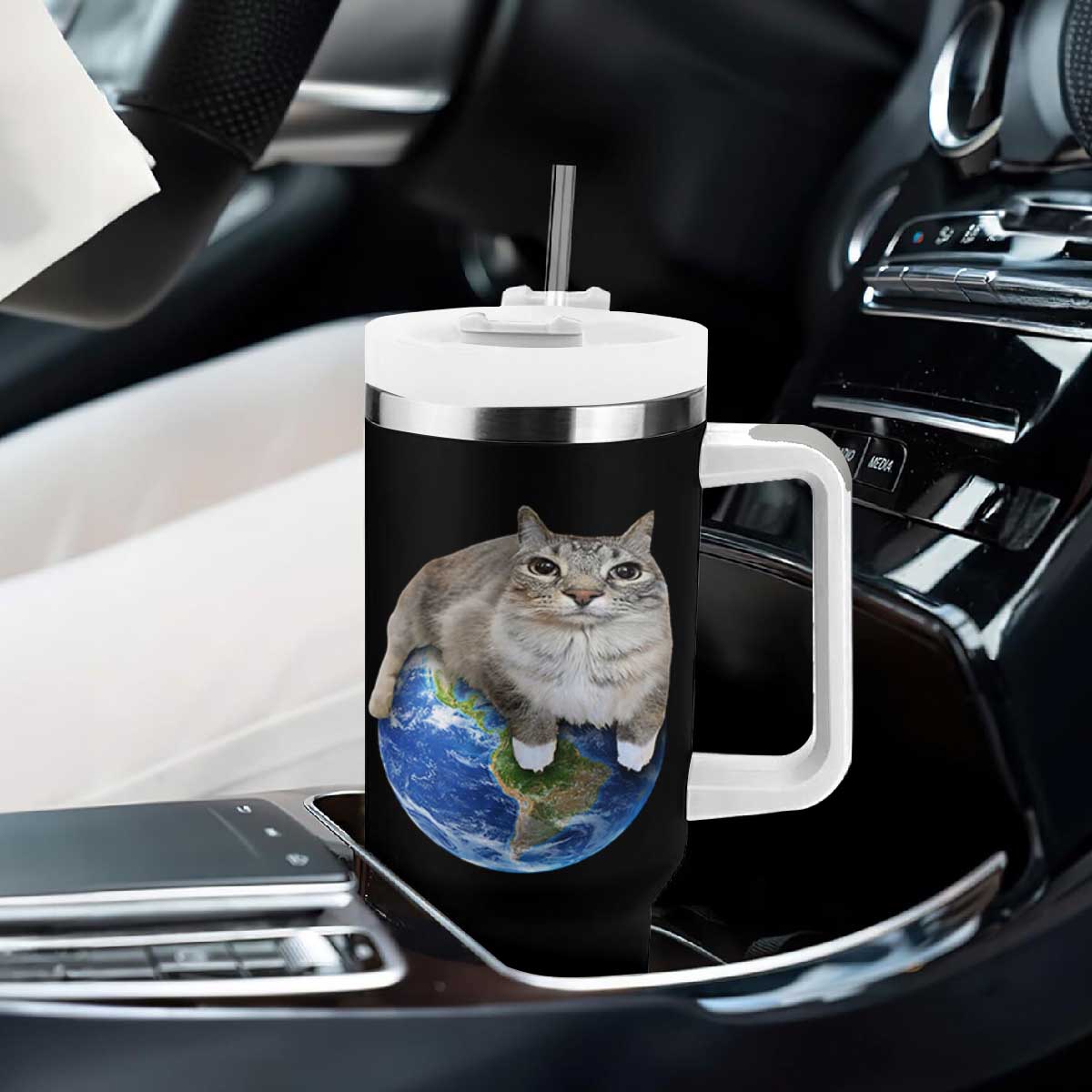 Earth Cat Silly Cat Meme Tumbler With Handle TS10 Print Your Wear