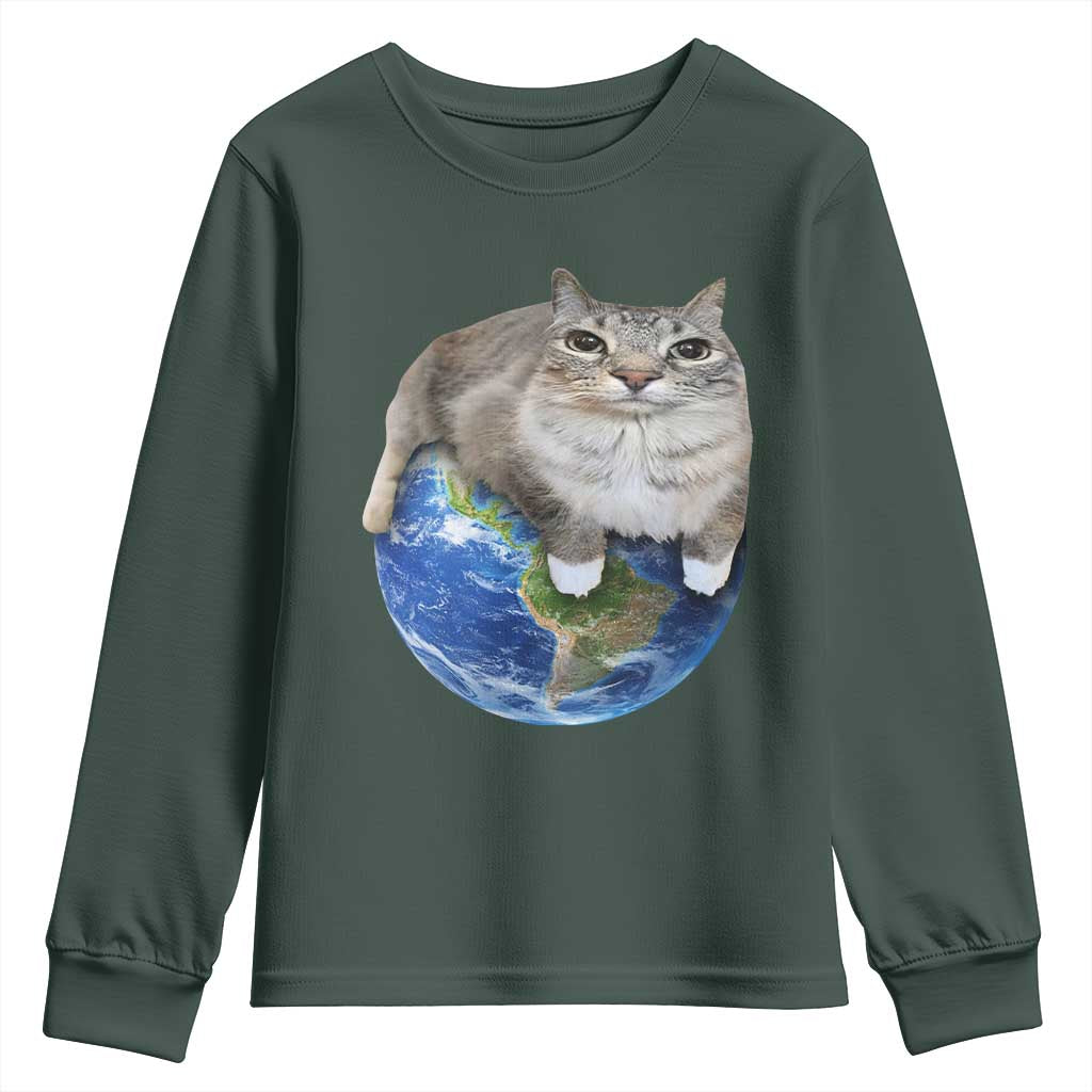 Earth Cat Silly Cat Meme Youth Sweatshirt TS10 Dark Forest Green Print Your Wear