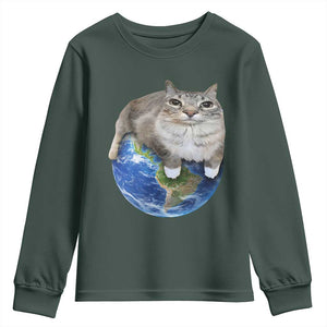 Earth Cat Silly Cat Meme Youth Sweatshirt TS10 Dark Forest Green Print Your Wear