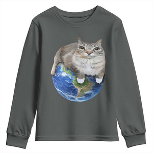 Earth Cat Silly Cat Meme Youth Sweatshirt TS10 Dark Heather Print Your Wear