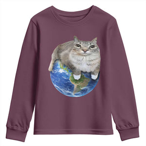 Earth Cat Silly Cat Meme Youth Sweatshirt TS10 Maroon Print Your Wear