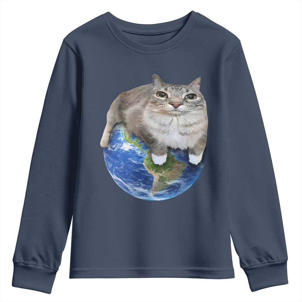 Earth Cat Silly Cat Meme Youth Sweatshirt TS10 Navy Print Your Wear