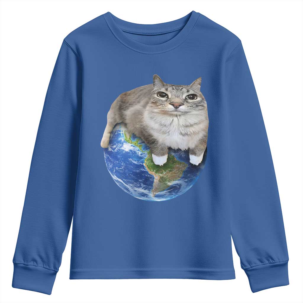 Earth Cat Silly Cat Meme Youth Sweatshirt TS10 Royal Blue Print Your Wear
