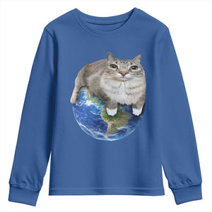 Earth Cat Silly Cat Meme Youth Sweatshirt TS10 Royal Blue Print Your Wear