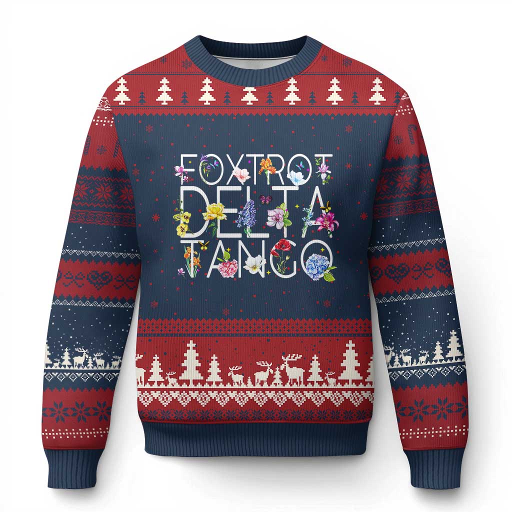 Subtle FDT Floral Ugly Christmas Sweater Foxtrot Delta Tango Flower Resist TS10 Navy Red Print Your Wear