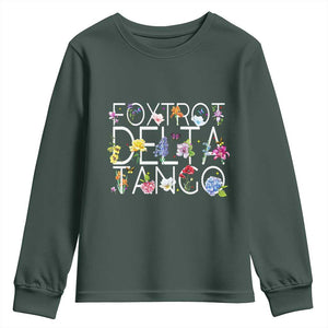 Subtle FDT Floral Youth Sweatshirt Foxtrot Delta Tango Flower Resist TS10 Dark Forest Green Print Your Wear