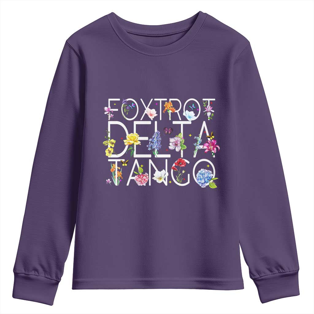 Subtle FDT Floral Youth Sweatshirt Foxtrot Delta Tango Flower Resist TS10 Purple Print Your Wear