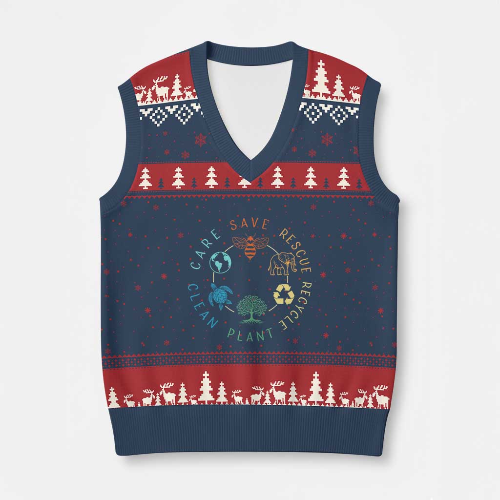 Earth Day Environment V-Neck Knit Sweater Vest Save Bees Rescue Animals Recycle Plastic TS10 Navy Red Print Your Wear