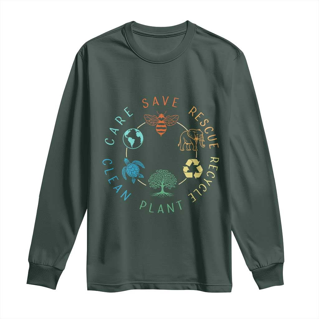 Earth Day Environment Long Sleeve Shirt Save Bees Rescue Animals Recycle Plastic TS10 Dark Forest Green Print Your Wear