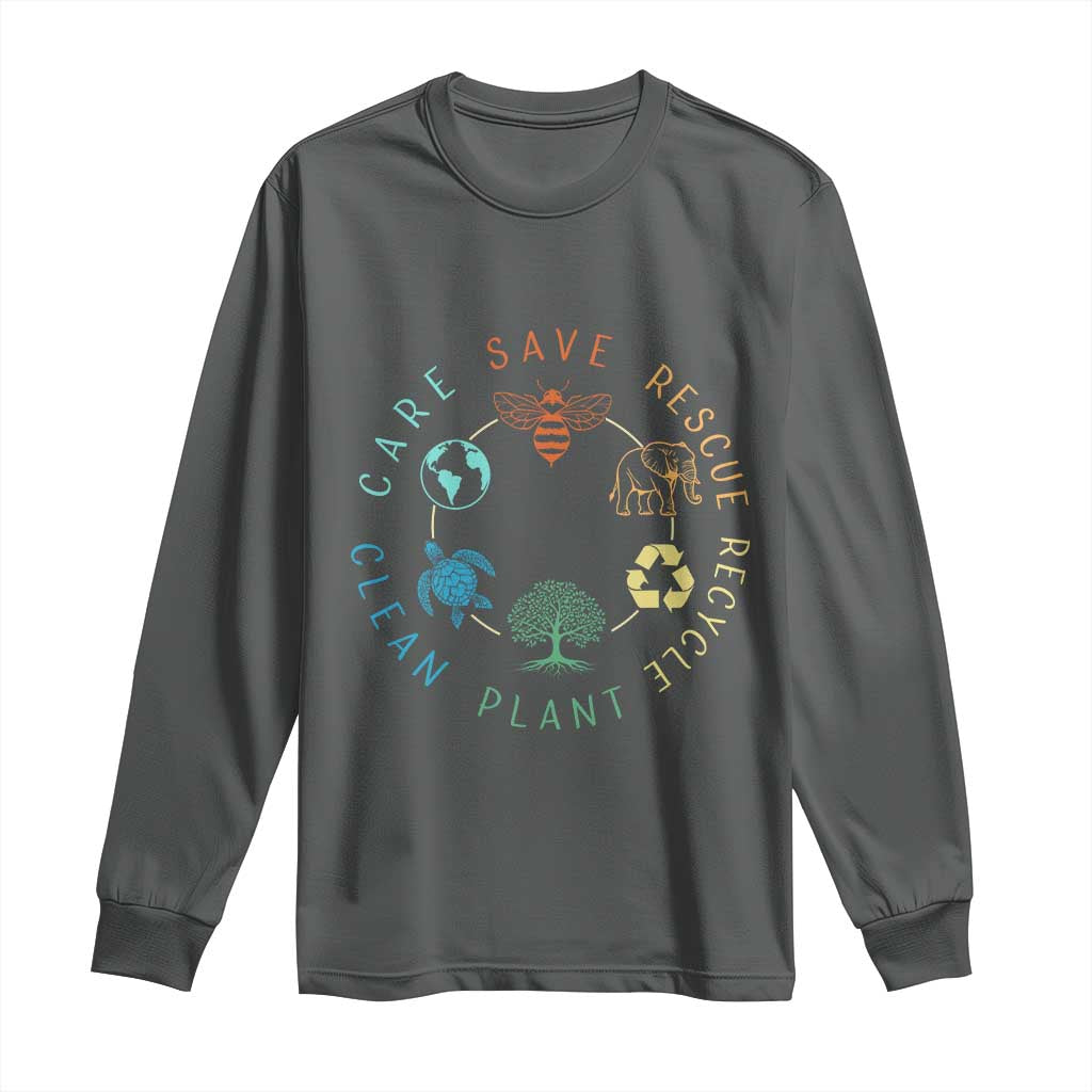 Earth Day Environment Long Sleeve Shirt Save Bees Rescue Animals Recycle Plastic TS10 Dark Heather Print Your Wear