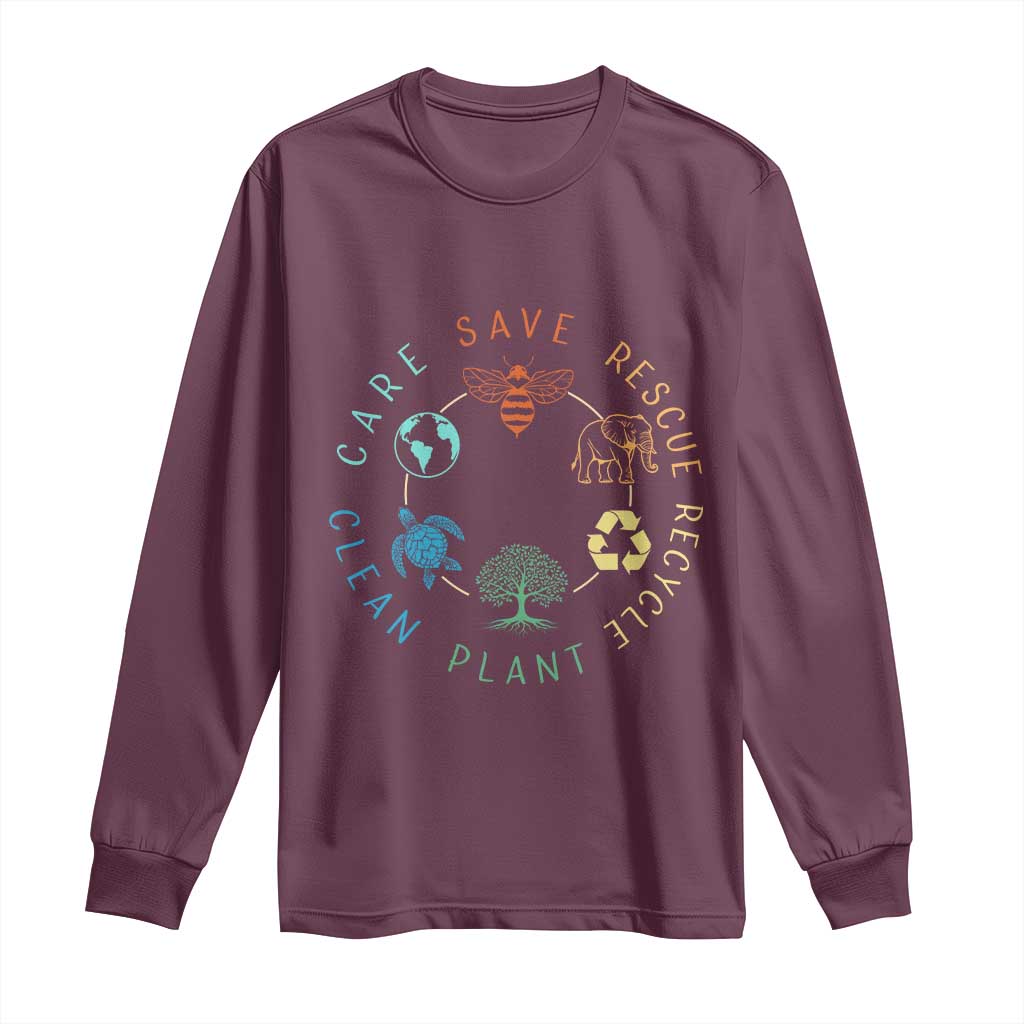 Earth Day Environment Long Sleeve Shirt Save Bees Rescue Animals Recycle Plastic TS10 Maroon Print Your Wear