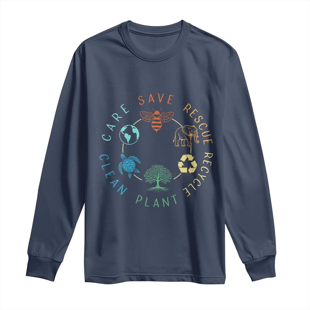 Earth Day Environment Long Sleeve Shirt Save Bees Rescue Animals Recycle Plastic TS10 Navy Print Your Wear